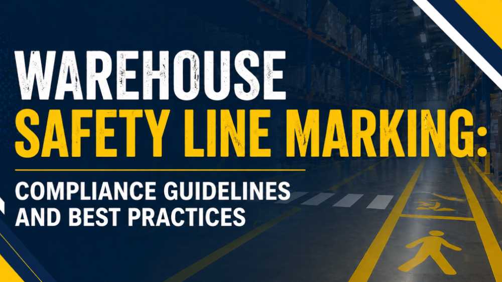 Guidelines for warehouse safety line marking compliance and best practices displayed on a poster in a warehouse setting.