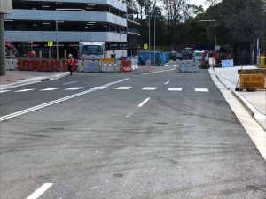 Road markings, crossings and bus zone at Parramatta Stadium.